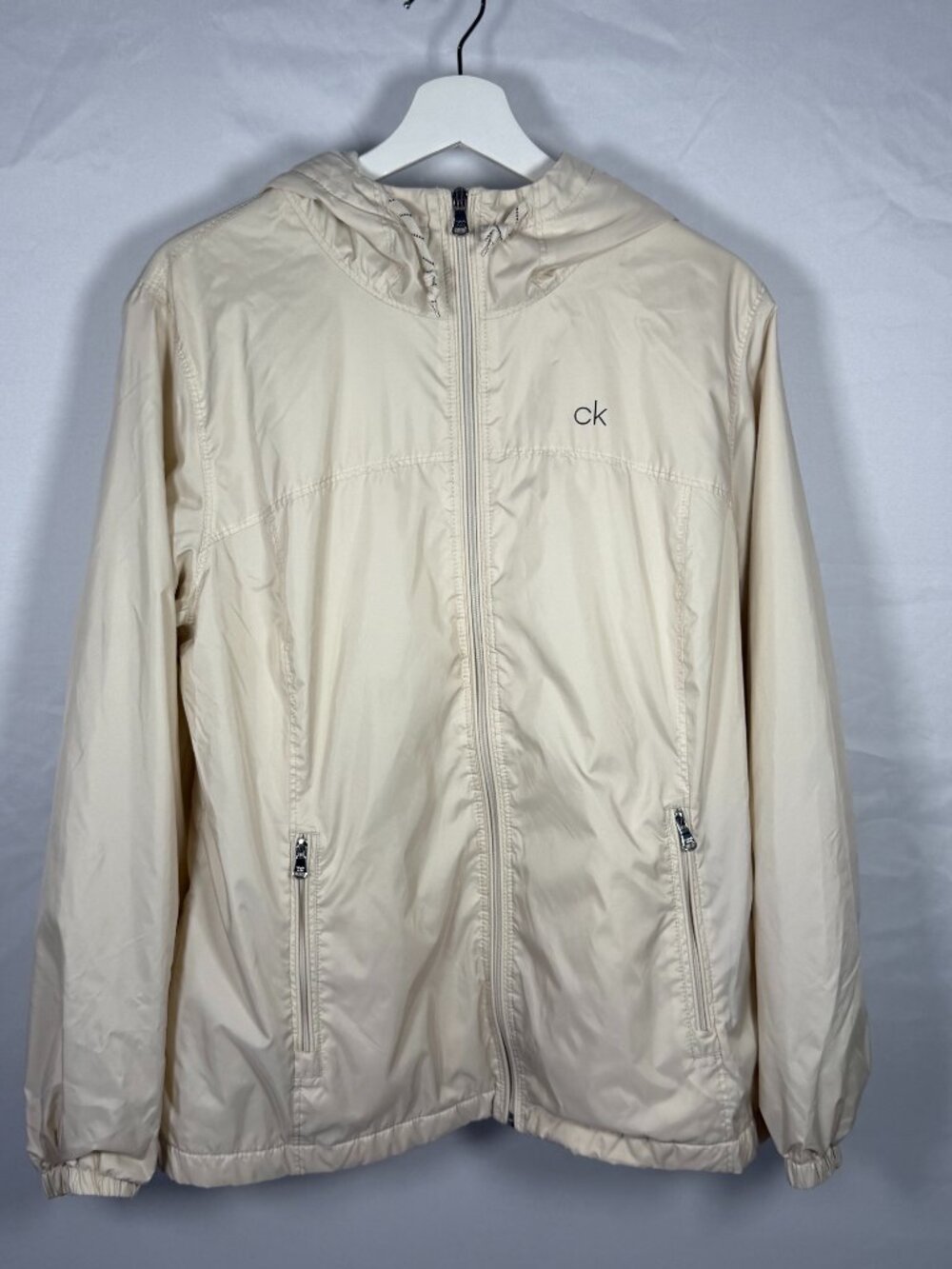 Calvin Klein Windbreaker Jacket Fleece Lined Hooded Coat White Cream Size Large